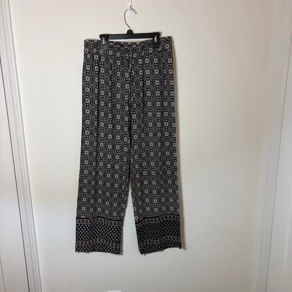 ANNE CARSON Boho Black & White Patterned Wide Leg Flowy Geometric Pants Sz M